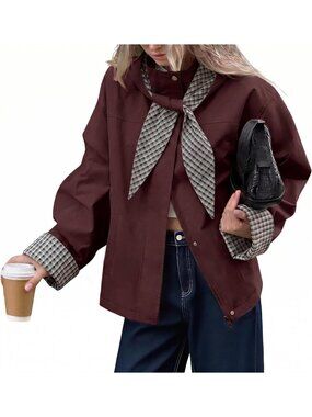 Women's Red Brown Casual Jacket With Plaid Detachable Hood Cropped Trench Coats